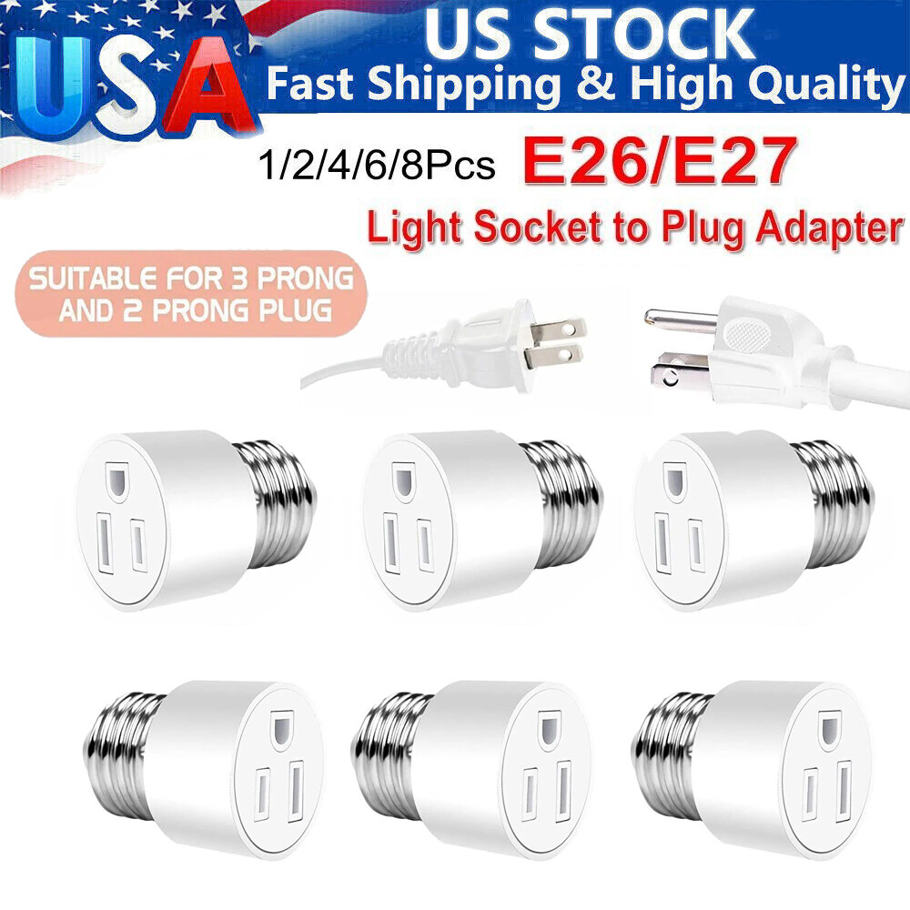 1-8Pcs E26/E27 Light Socket to Plug Adapter 2/3 Prong Light Bulb Outlet Adapter