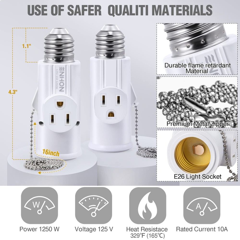 3 Prong E26 Light Socket to Plug Adapter, White Heat Resistant Silver
