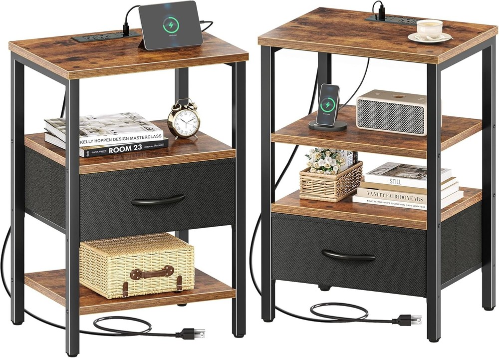 Nightstand, Bed Side Tables with Charging Stat, Adjustable