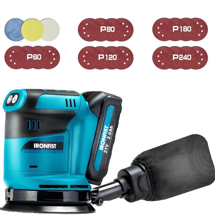 21V 2.0Ah Cordless 5-Inch Variable Speed Random Orbital Sander with Battery