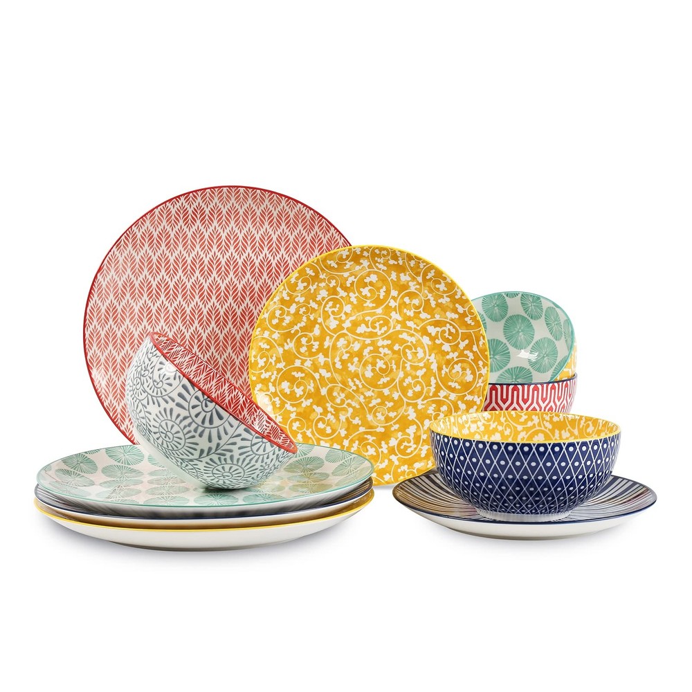 Ceramic 12-Pieces Dinnerware Sets, Ceramic Dish Plates and Bowls Sets, Servic...