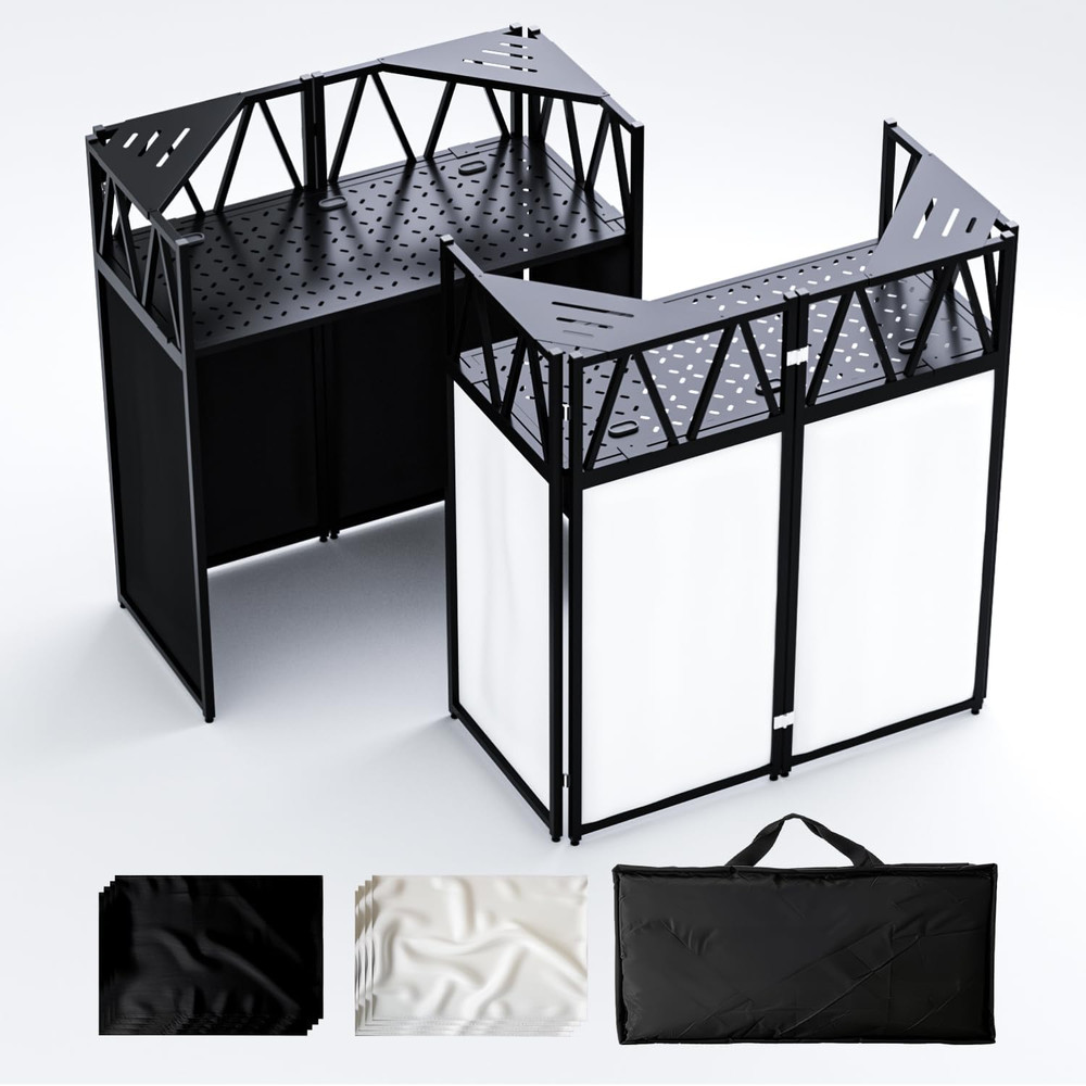 Portable DJ Booth Table,Foldable DJ Table Stand with White & Black Scrim,Adjusta
