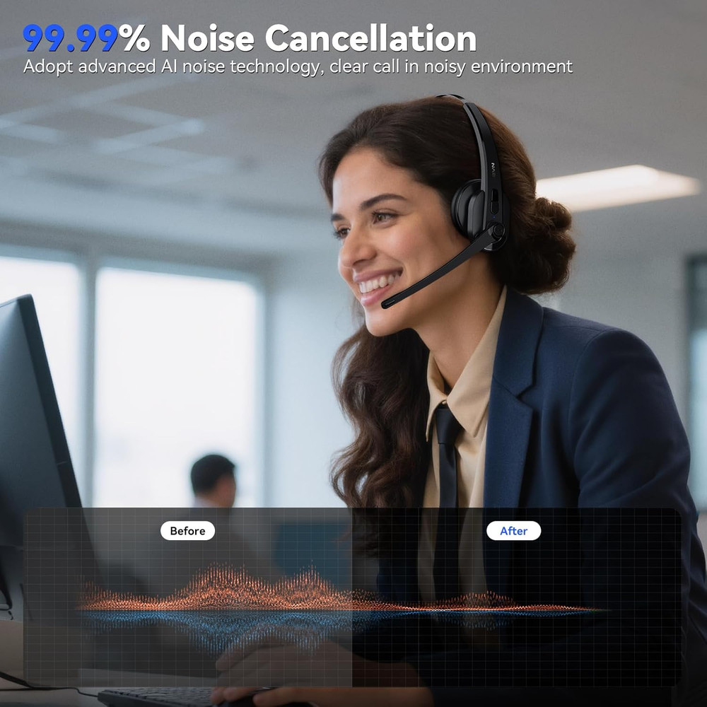 Wireless Headset with Mic for Work, Bluetooth Headset with Microphone-Ai Noise C