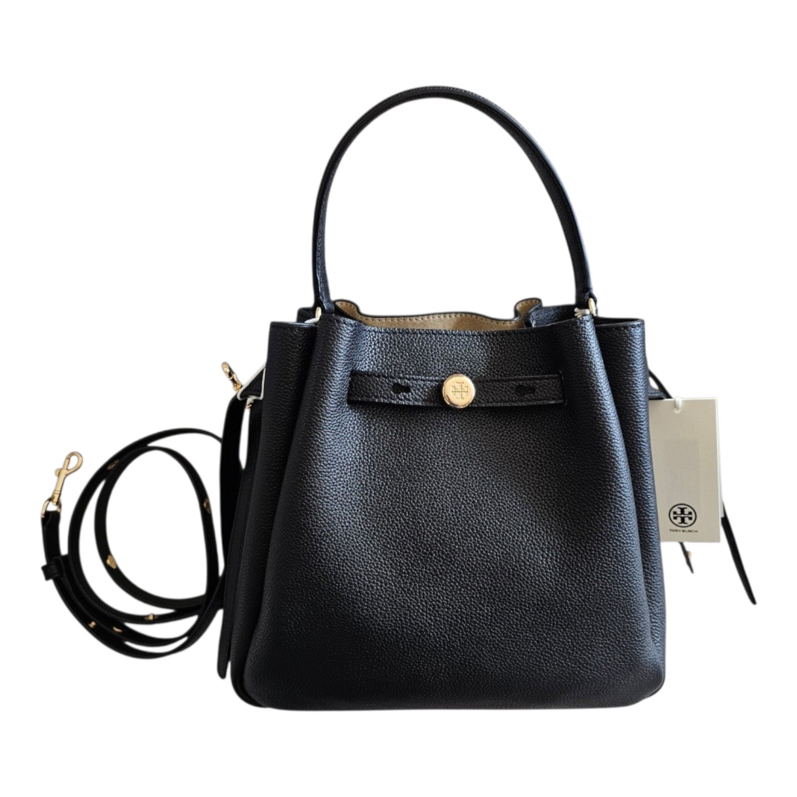 Tory Burch Women's Romy Pebbled Small Bucket Bag One Size Black NWT