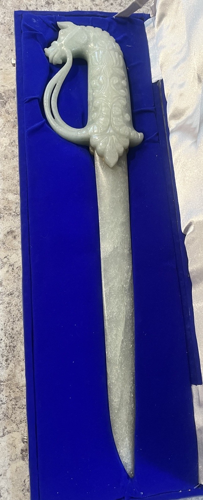 Carved jade horse hilt dagger with meticulously sculpted 18”long
