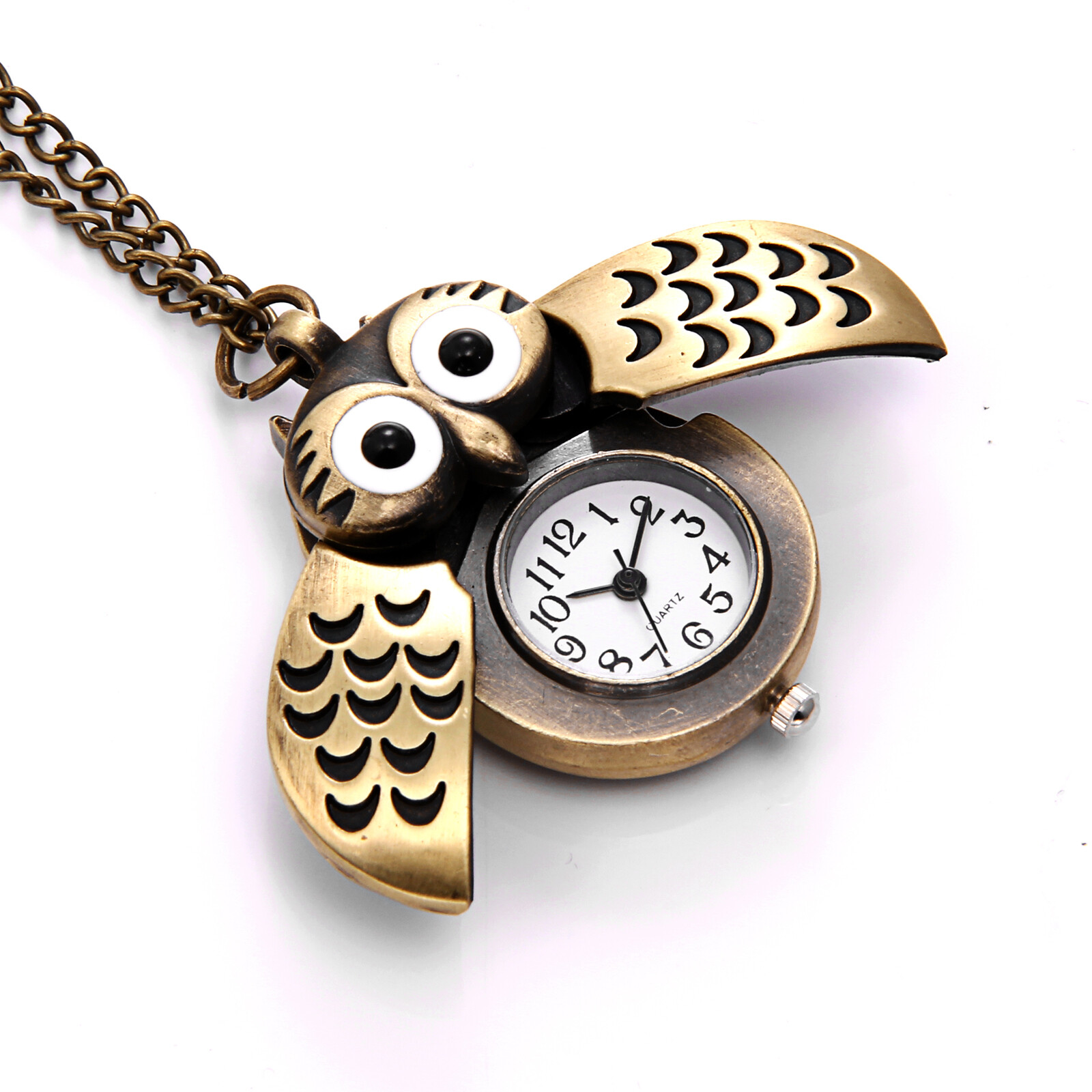 Vintage Retro Owl Wings Bronze Tone Open Face Pocket Watch Pendant Necklace