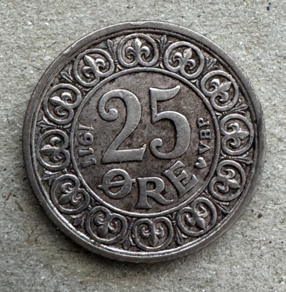 Denmark, 25 Ore, 1911 (h), KM#808