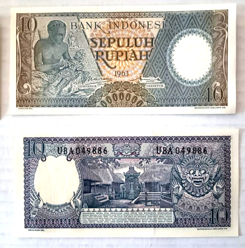 1963 Bank Indonesia Ten Rupiah Banknotes (30). Uncirculated. Mostly Sequential.