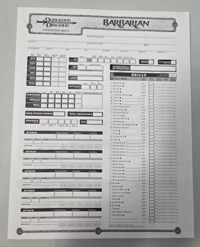 Dungeons & Dragons WotC D&D 3rd Ed Character Sheets 3.0 VG+