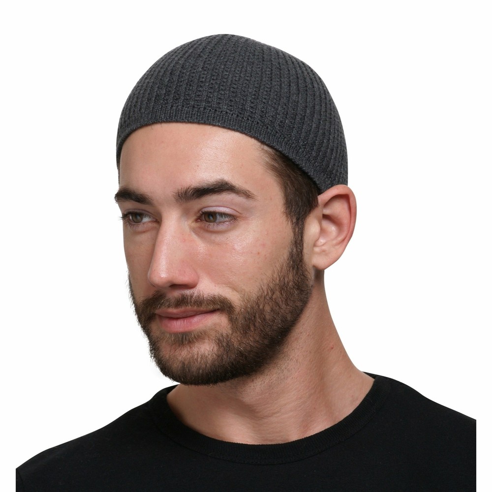 Solid Colored Elastic Skull Cap Kufi Hats with Ribbed Checkered Knit