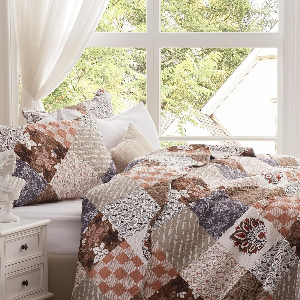 Full/Queen Size Quilt Set 3 Pieces (90''x98''), Brown-patchwork
