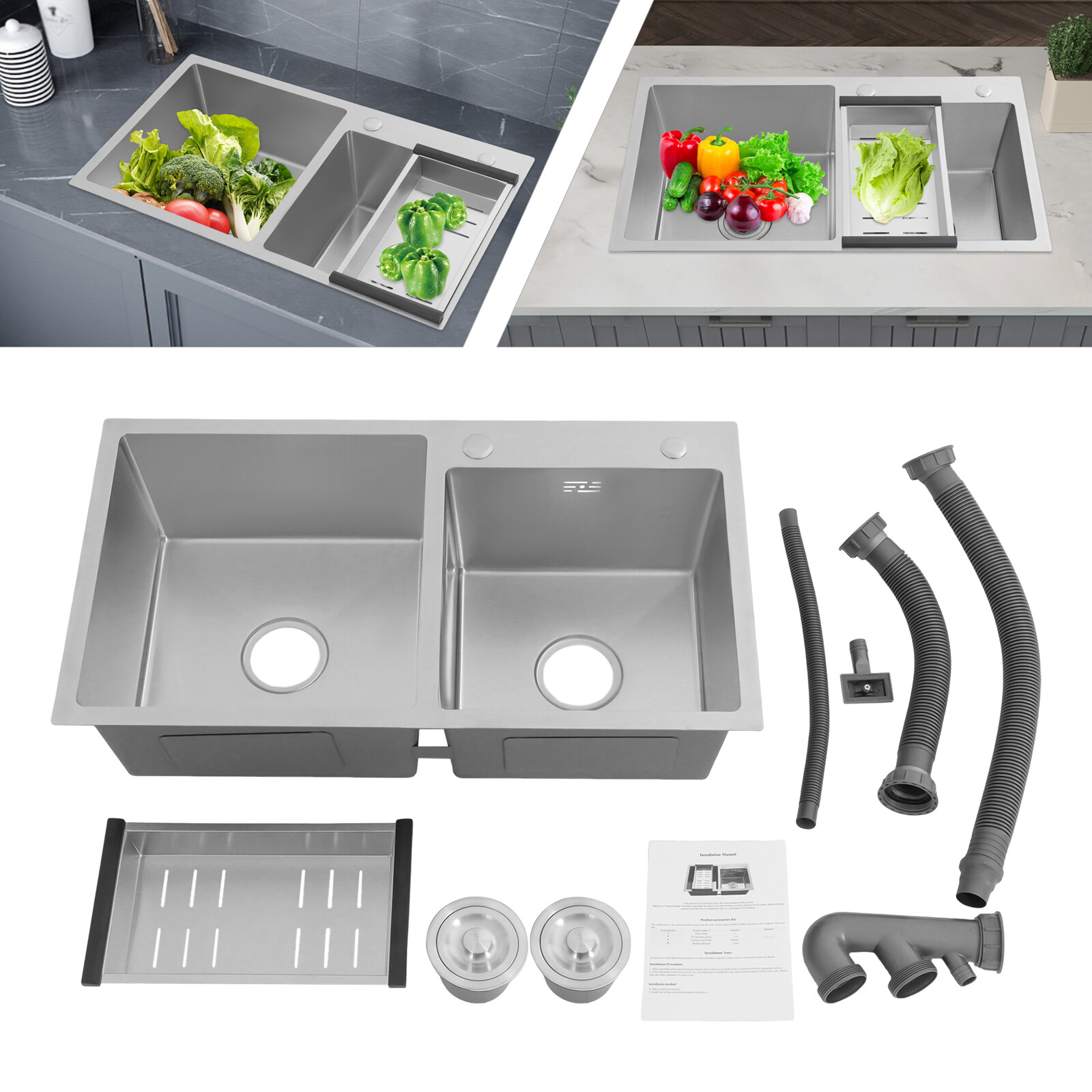 Stainless Steel Kitchen Sink Double Bowl Kitchen Sink with Drain Basket