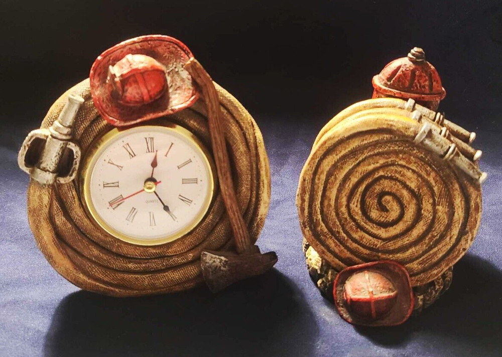 Firefighter Quartz Desktop Clock Hat, Axe, Hose & Coaster Set with Hose Coasters