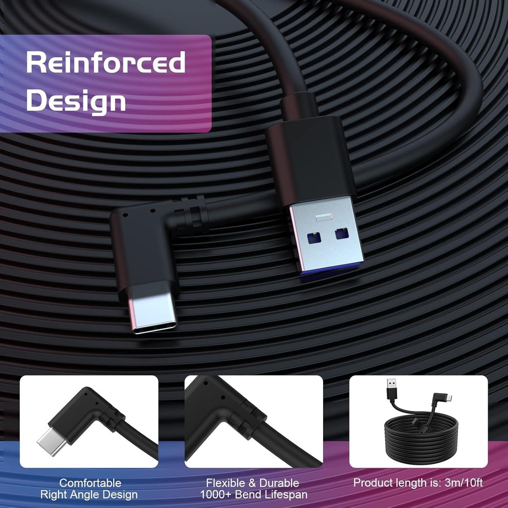 Lightweight 10ft VR Link Cable for Oculus Quest - 5Gbps Data Transfer & Charge