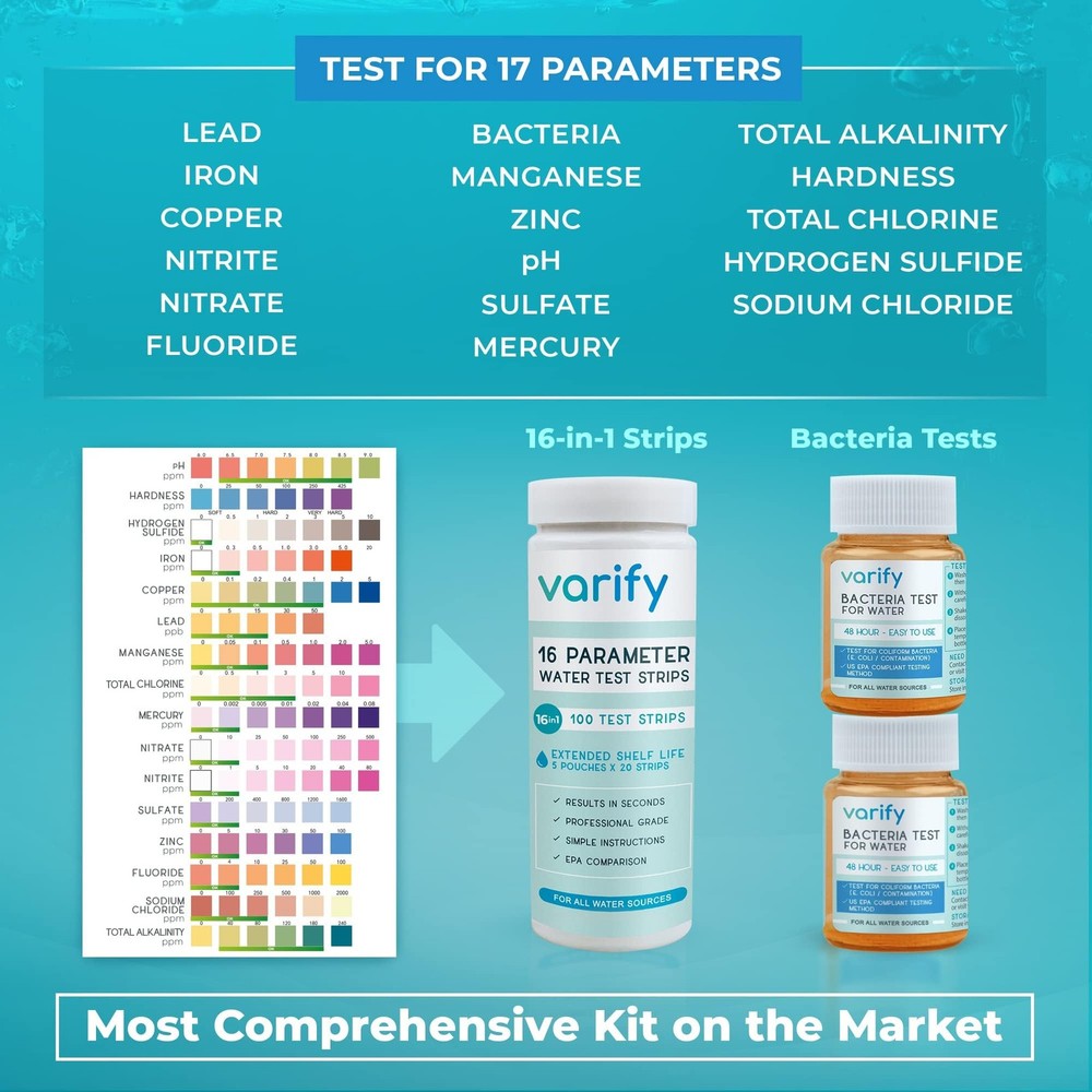 Varify 17in1 Complete Drinking Water Test Kit - 100 Strips + 2 Bacteria...