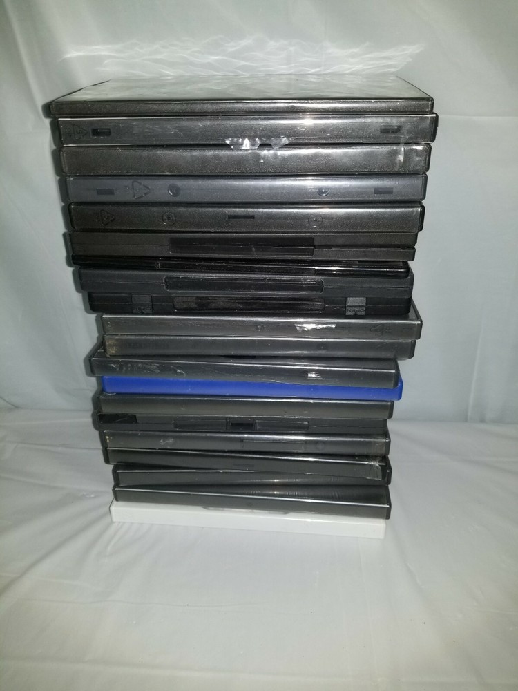 21 PACK BLACK/WHITE AND BLUE EMPTY DVD CASES (DIFFERENT SIZES)