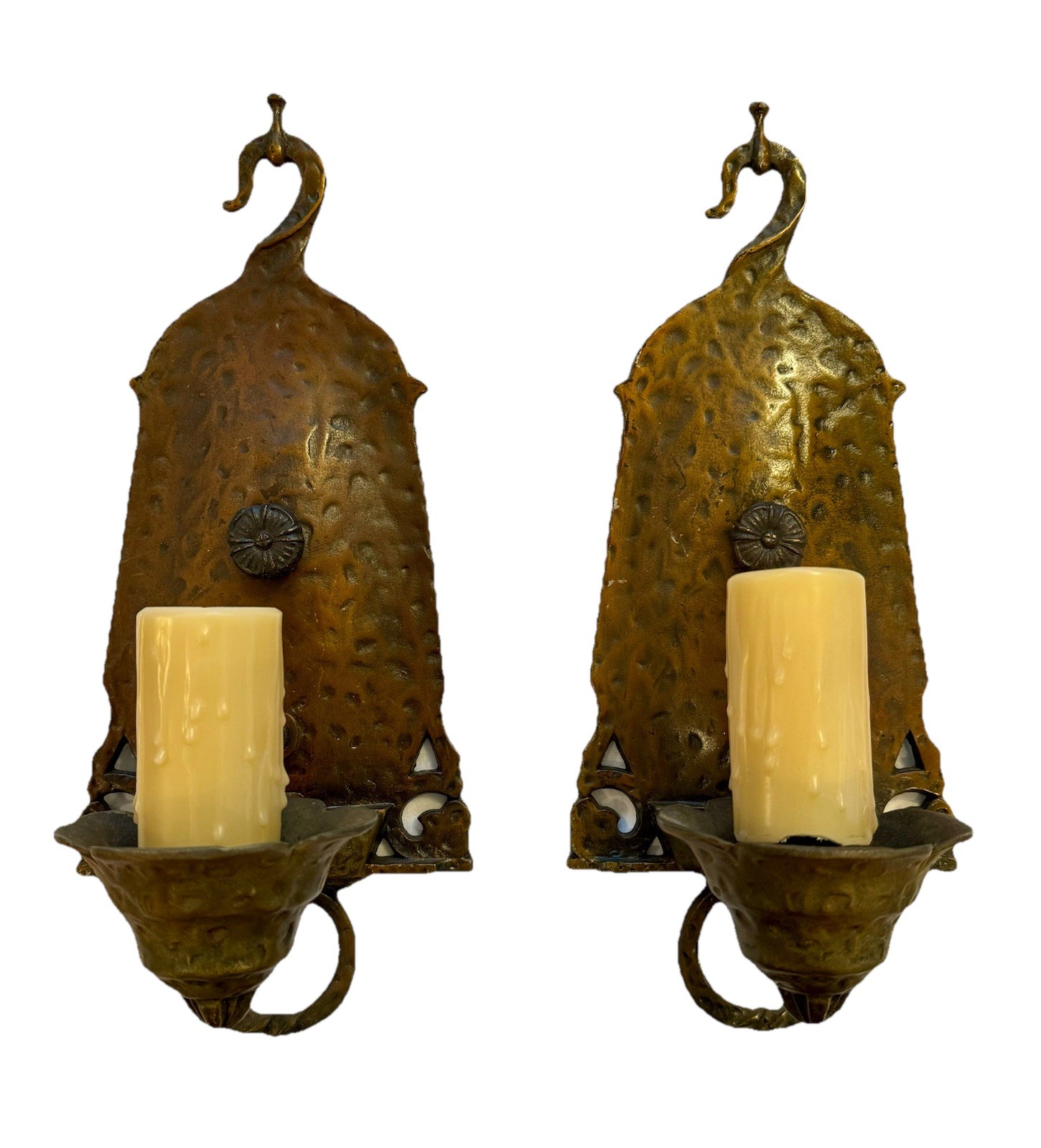 Antique Virden Dog Head Wall Sconces Arts Crafts Hammered Tudor