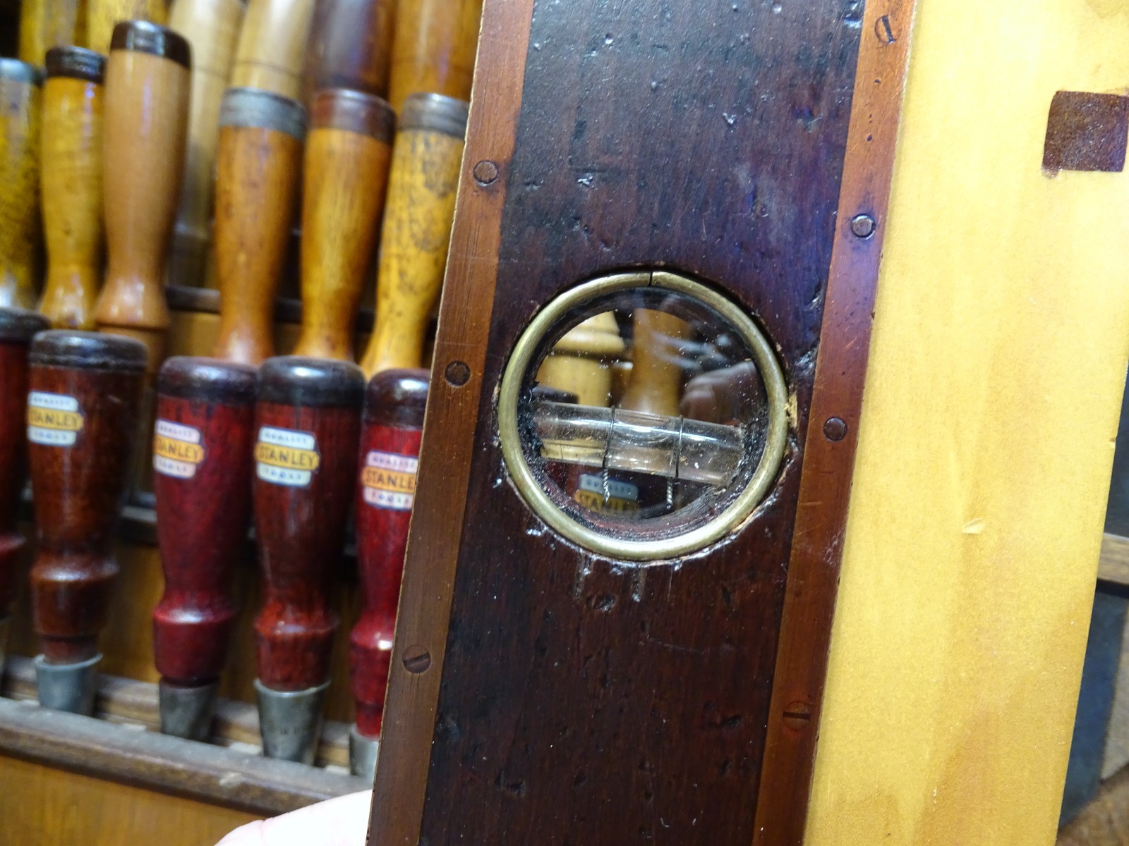 Antique User Made Brass Bound Double Plumb and Level Glass Vial Windows- WOW!!