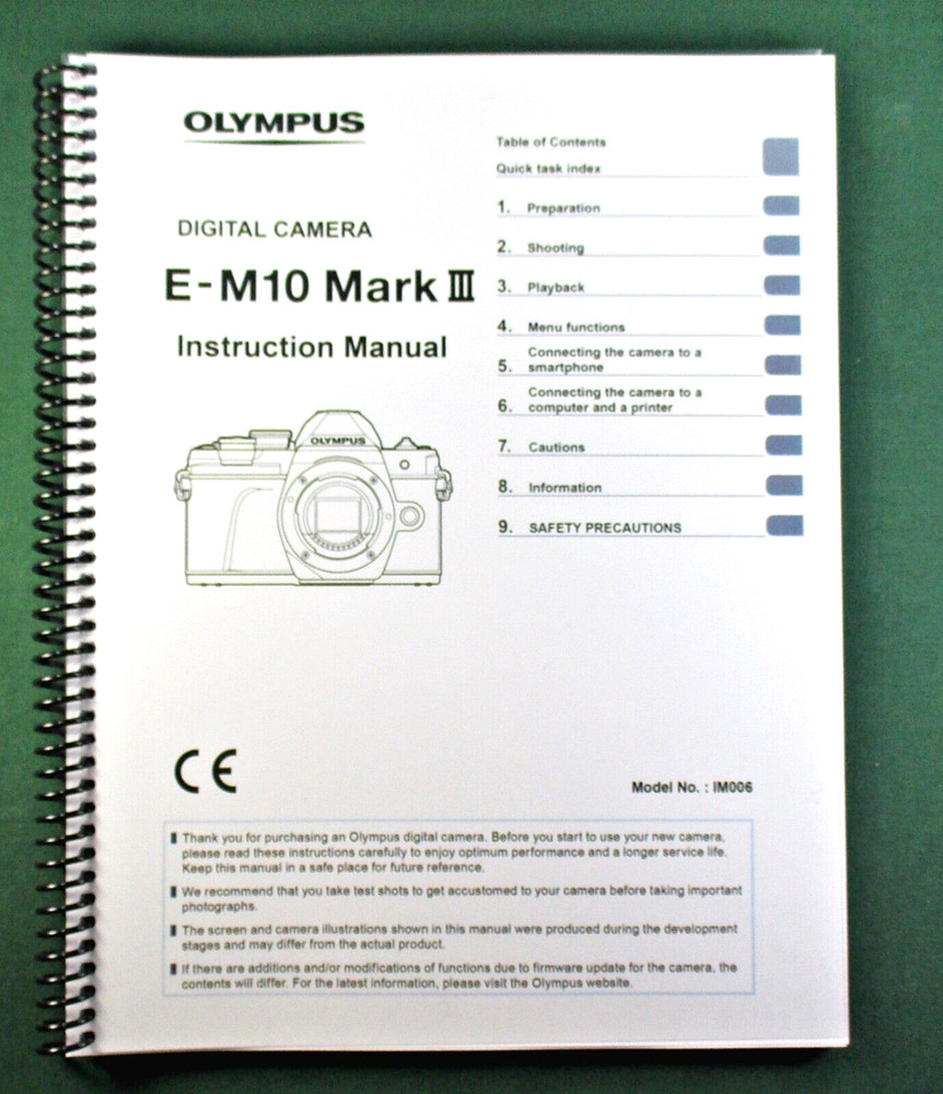 Olympus E-M10 Mark III Instruction Manual: 170 Pages & Protective Covers!