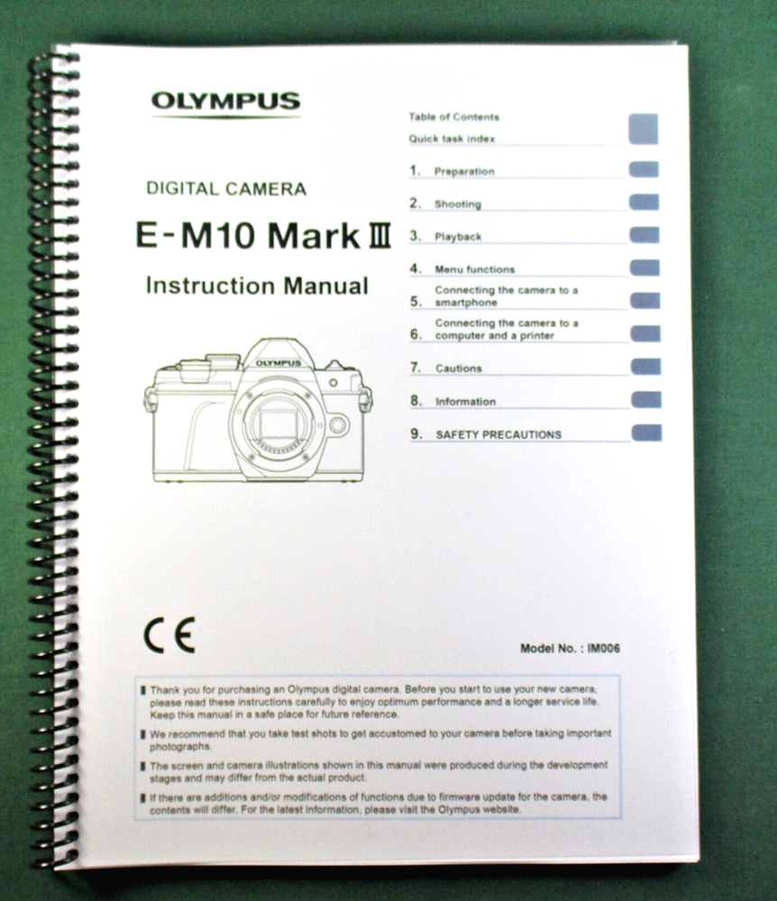 Olympus E-M10 Mark III Instruction Manual: 170 Pages & Protective Covers!