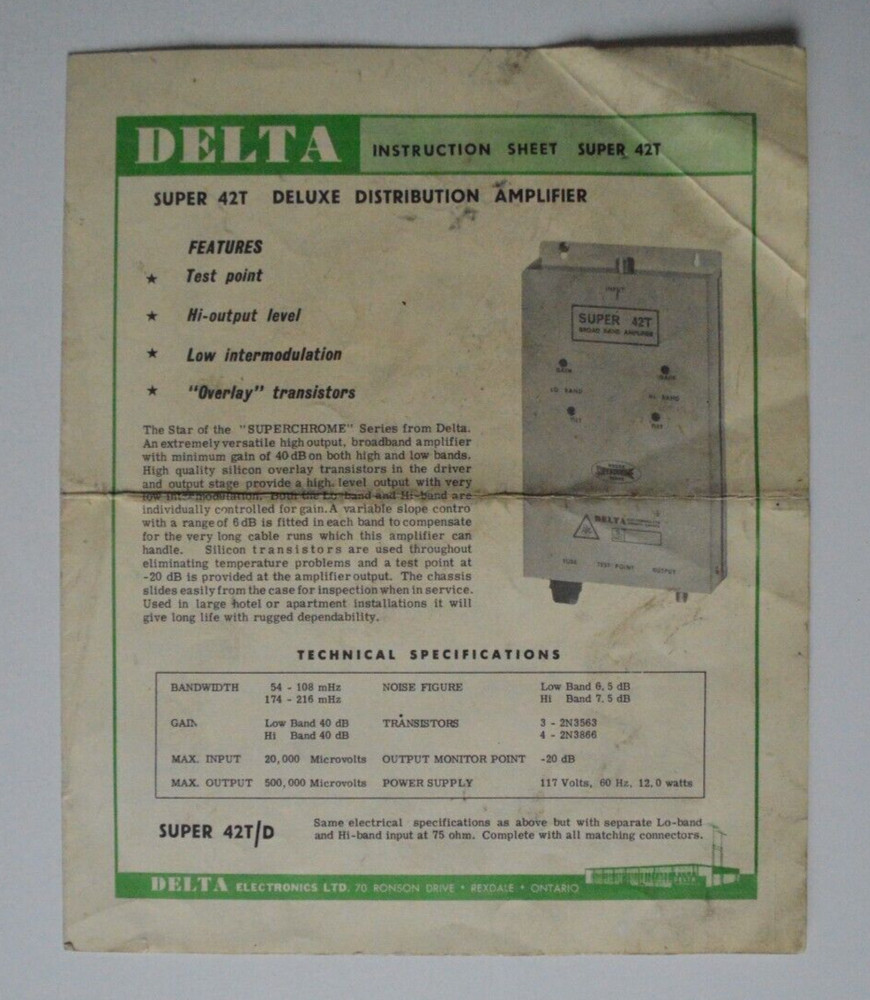 DELTA Super 42T Deluxe Distribution Amplifier Instruction sheet