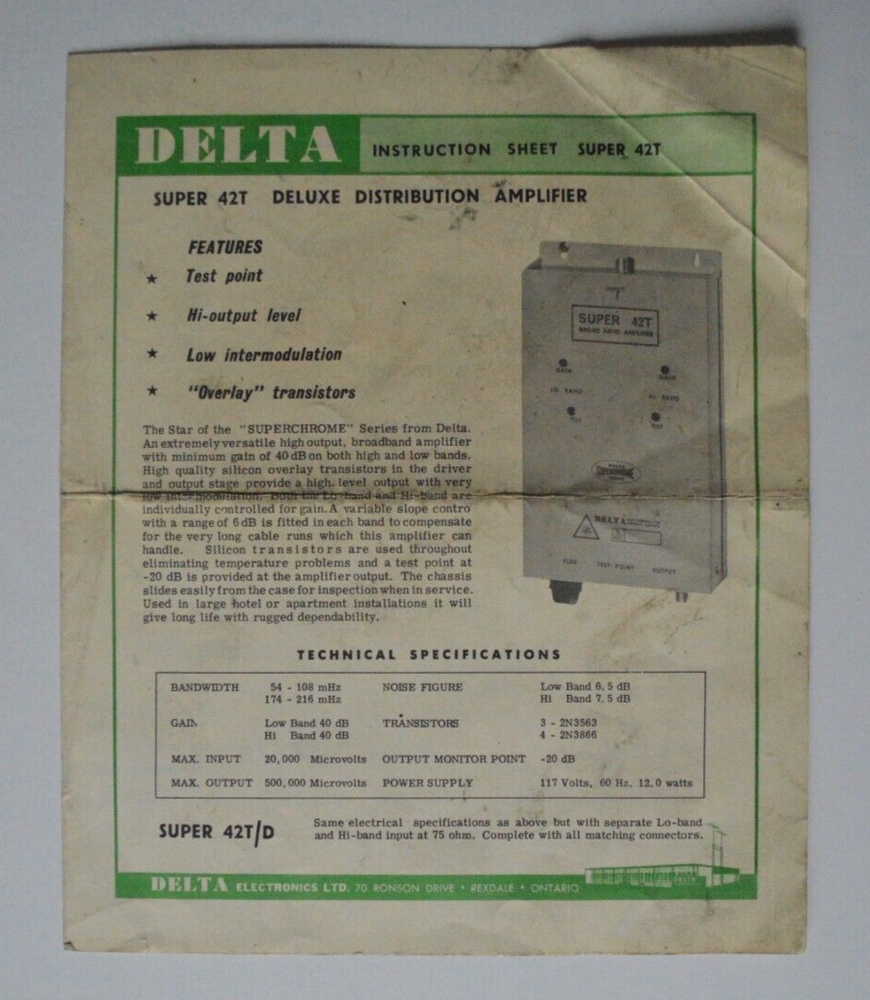 DELTA Super 42T Deluxe Distribution Amplifier Instruction sheet