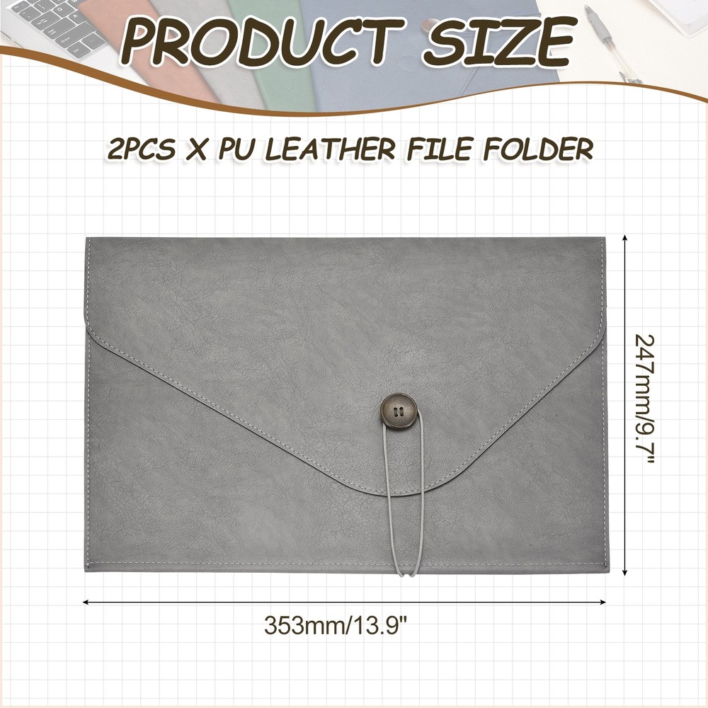 2Pcs PU Leather A4 File Folder, Waterproof Envelope Holder, Gray
