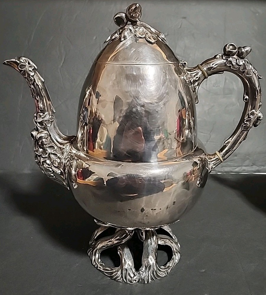 Antique Silver Plated Acorn Shaped Coffee Pot 3pc Set Acorns Tree Trunk Base