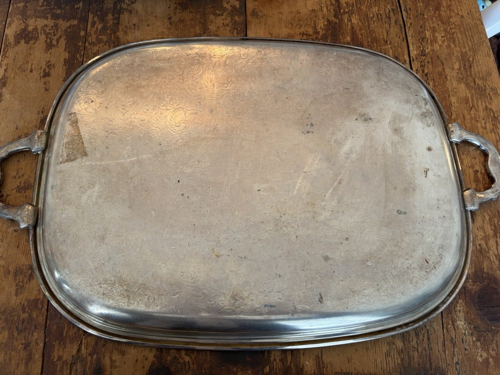 Vintage Silver Tone Embossed Tray With Handles 20x14