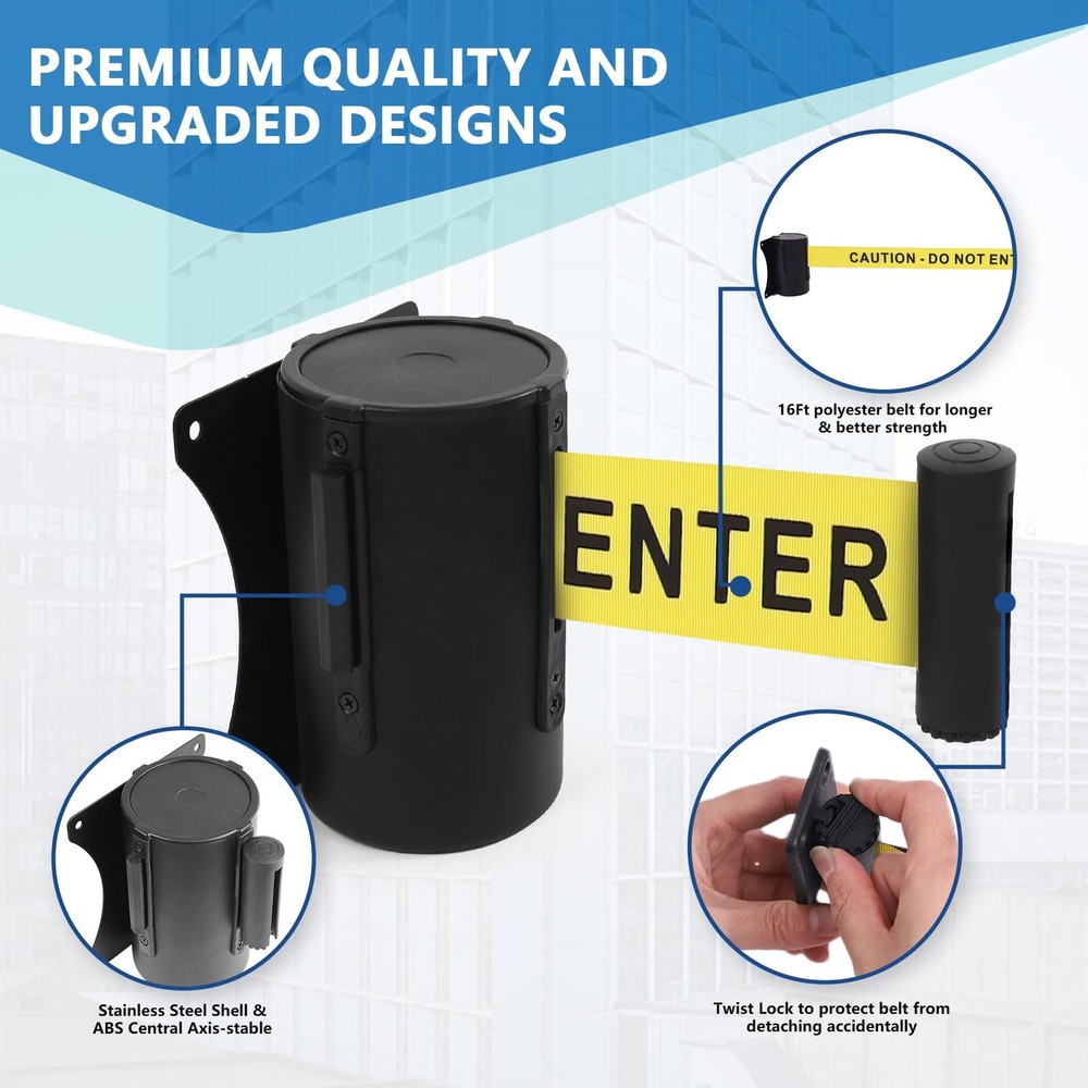 Wall Mount Retractable 16‘ - 2 Pack, Yellow Belt (Caution - Do Not Enter)