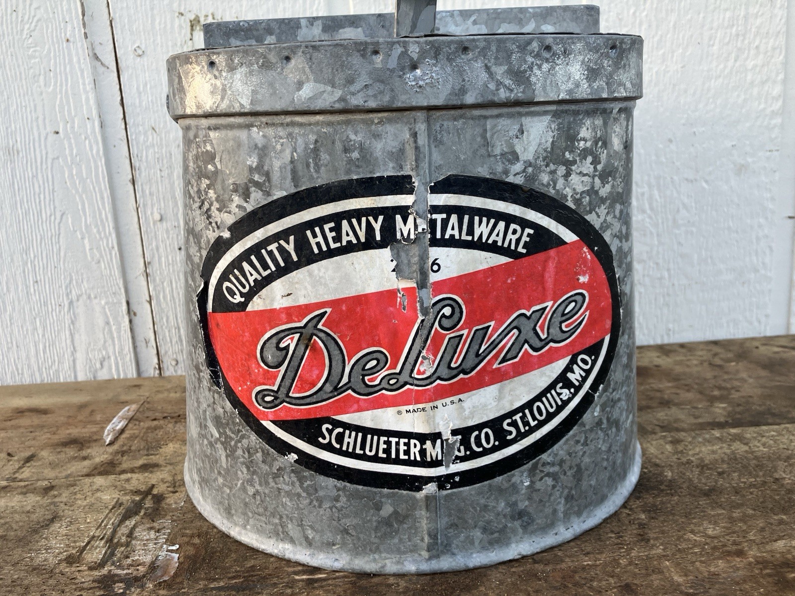 VIDEO--NICE! Vintage DeLuxe Galvanized Wringer Mop Bucket Schlueter Mfg w/ Label