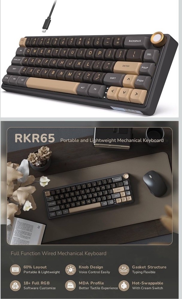 R65 Wired Gaming Keyboard with Volume Knob, Hot-Swappable Cream Switch Black