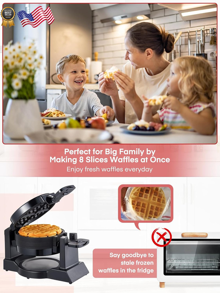 Commercial Hotel Double Belgian Waffle Maker Iron Rotating Baker Pan Machine US