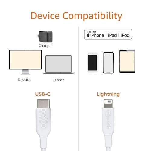 USB-2.0 Type C to Lightning Cable, MFi Certified 3 Feet White
