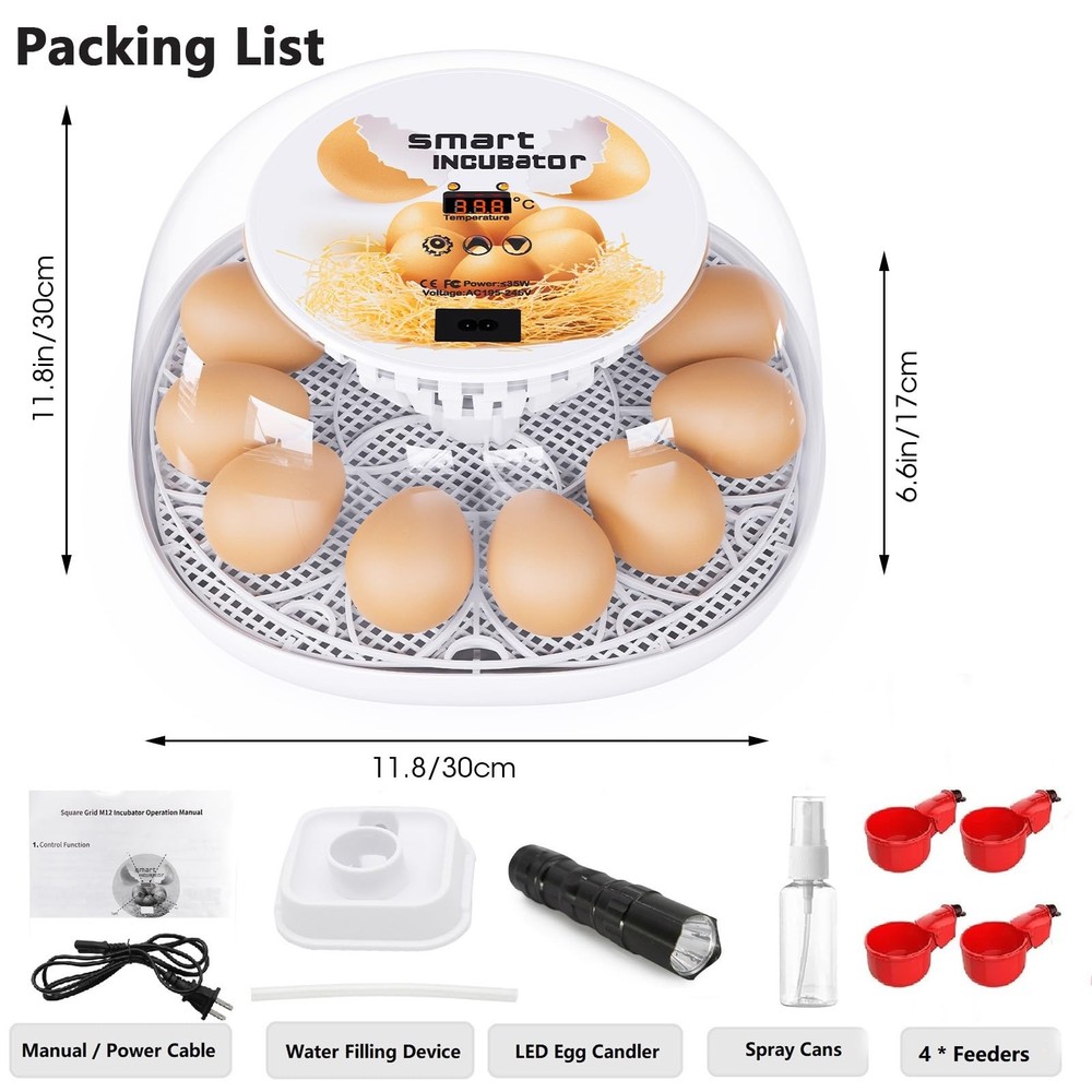 Incubators for Hatching Eggs, 12 Egg Incubator with Automatic Turning White