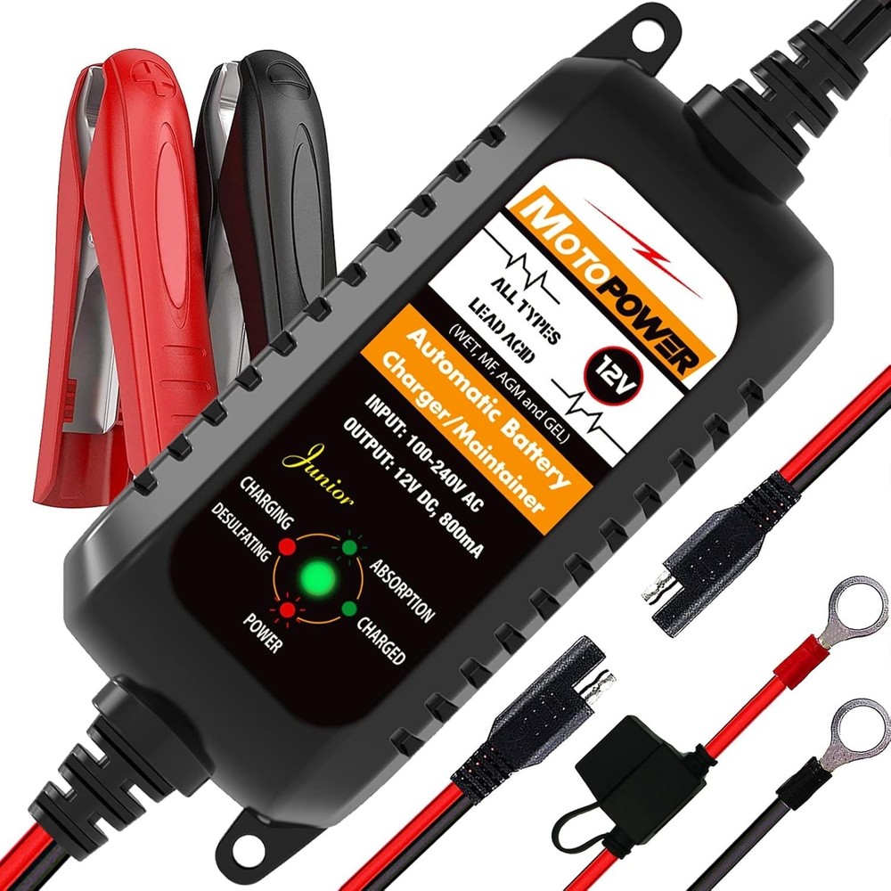 12V 800mA Automatic Battery Charger & Maintainer - Safe & Easy Operation