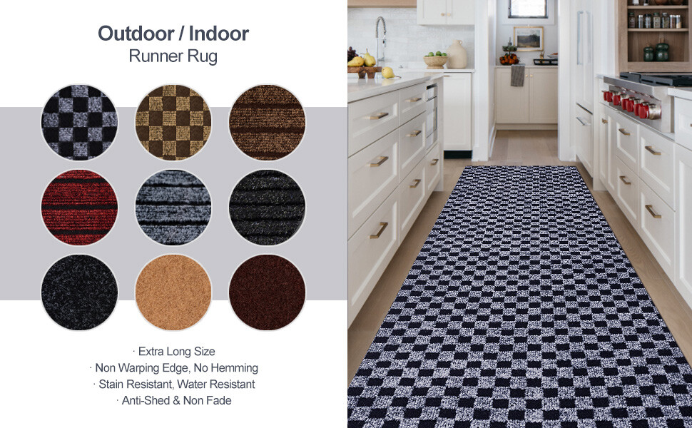 Runner Rug Hallway Non Slip Rubber Back Custom Size as Carpet Doormat Checkered