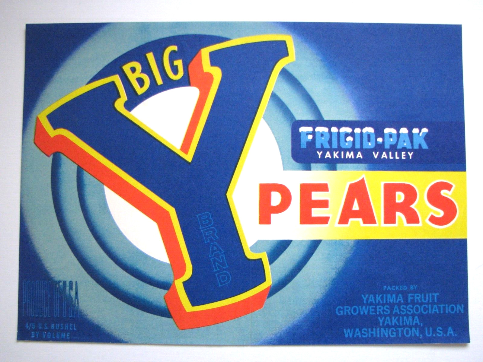 Original 1950s BIG Y pear crate label Yakima Fruit Growers Assn Yakima WA blue