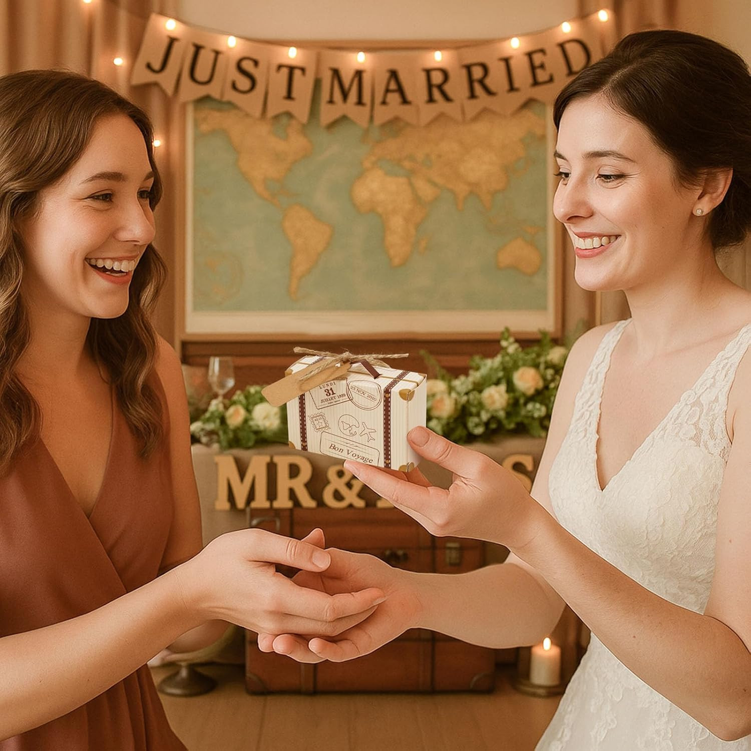 50PCS Mini Suitcase Party Favor Box, 3"x2"x1.2" Small Gift Box with Tags for Tra