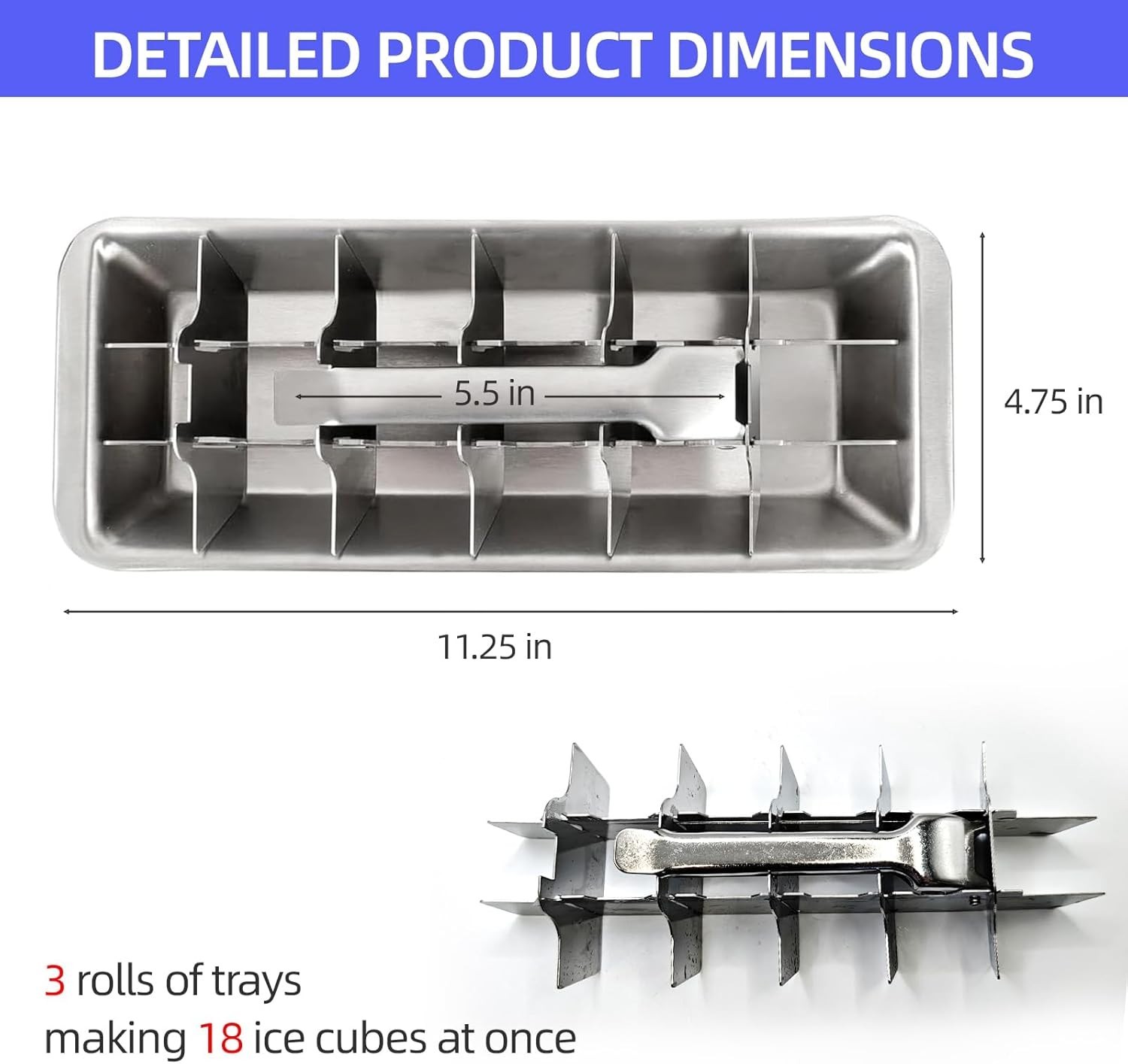 Metal Ice Cube Tray 18 Slots Stainless Steel Easy Release Handle Dishwasher Safe