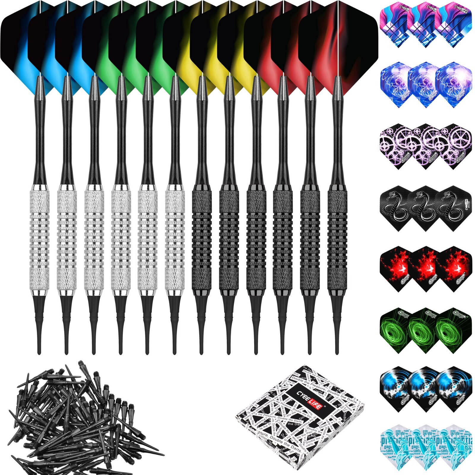 16g Soft Tip Darts Set with Black&Sliver Barrels+Nylon Shafts+36pcs Flights