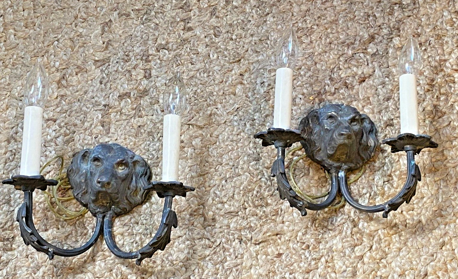 RARE PAIR Antique Two Arm Bronze Dog Wall SCONCE Lights Set of 2
