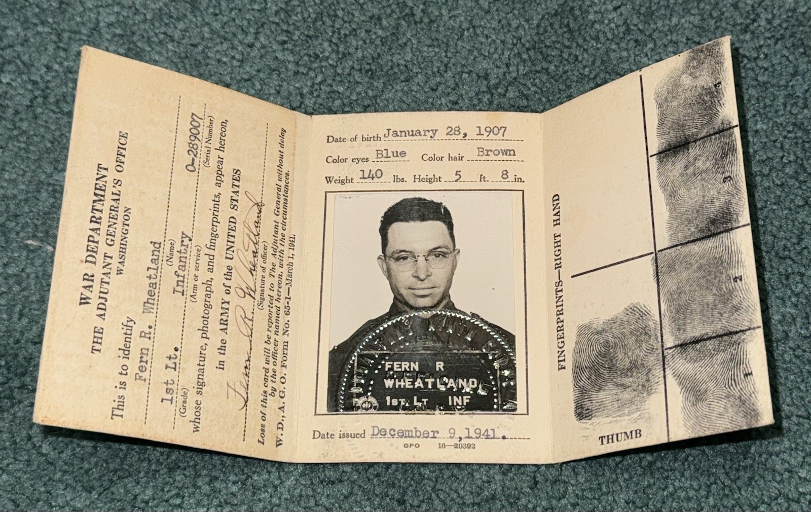 Original WWII US Army Infantry Officers 1941 ID Card With 2 Other Cards