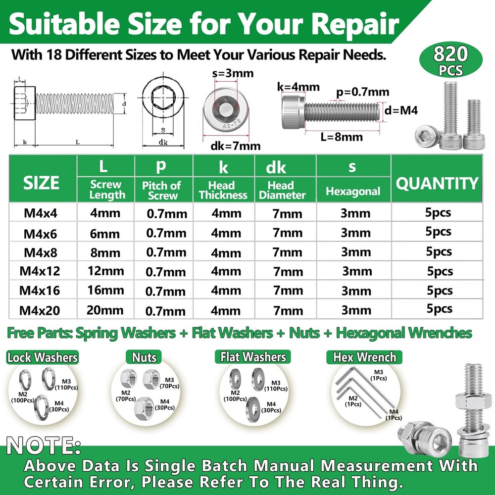 Screws and Nuts, 820Pcs M2 M3 M4 Silver Hex Socket Head, 820 Head