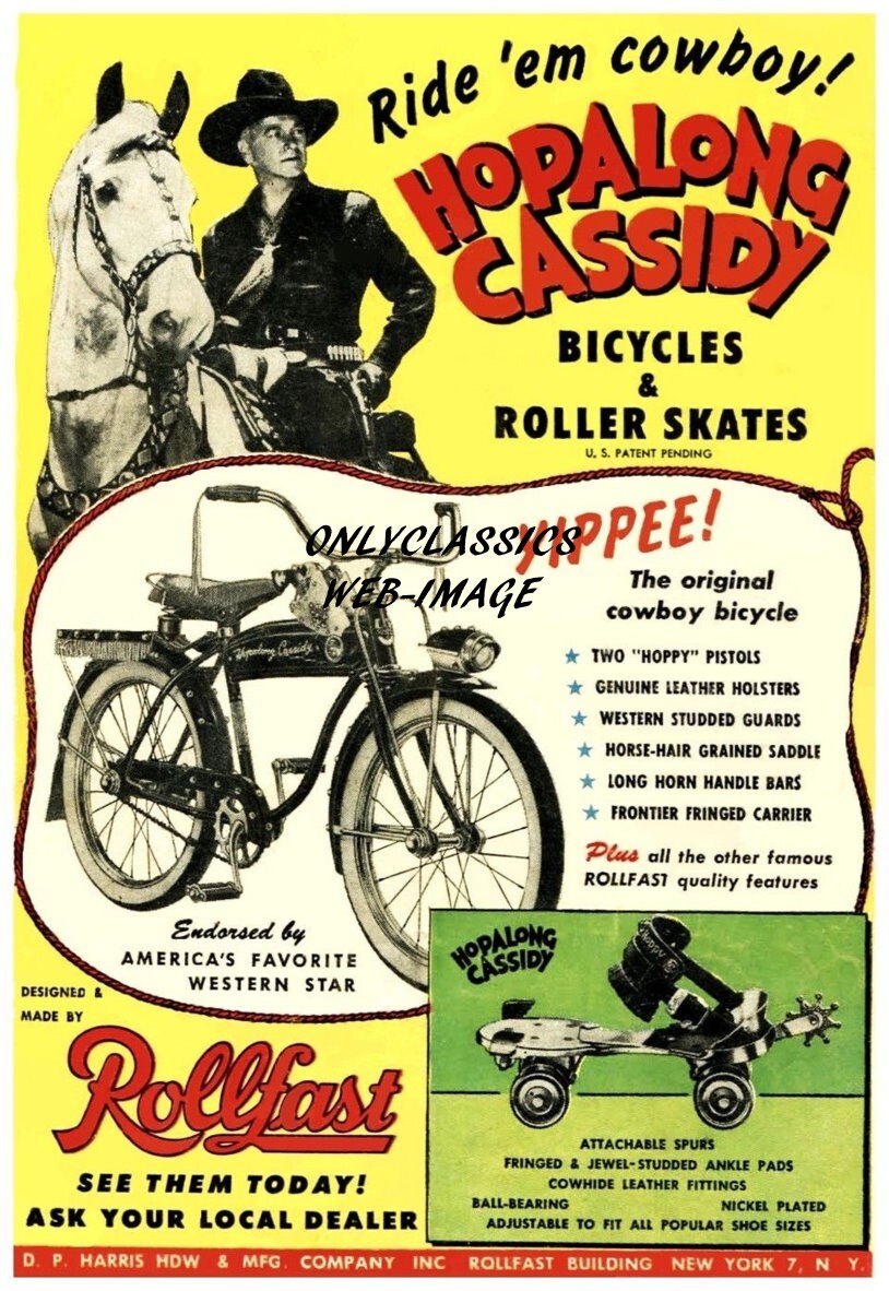 1957 Hopalong Cassidy Cowboy Horse Bicycle Roller Skate Ad 12x18 Poster Western