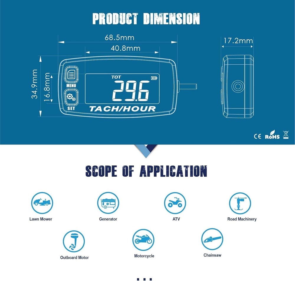 Digital Multifunction Hour & RPM Meter for Small Engines