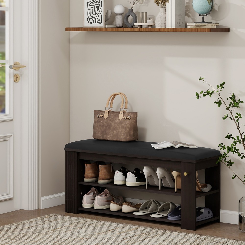 Multi-Functional Leather Storage Bench Entryway Ottoman with Shoe Rack and Hooks