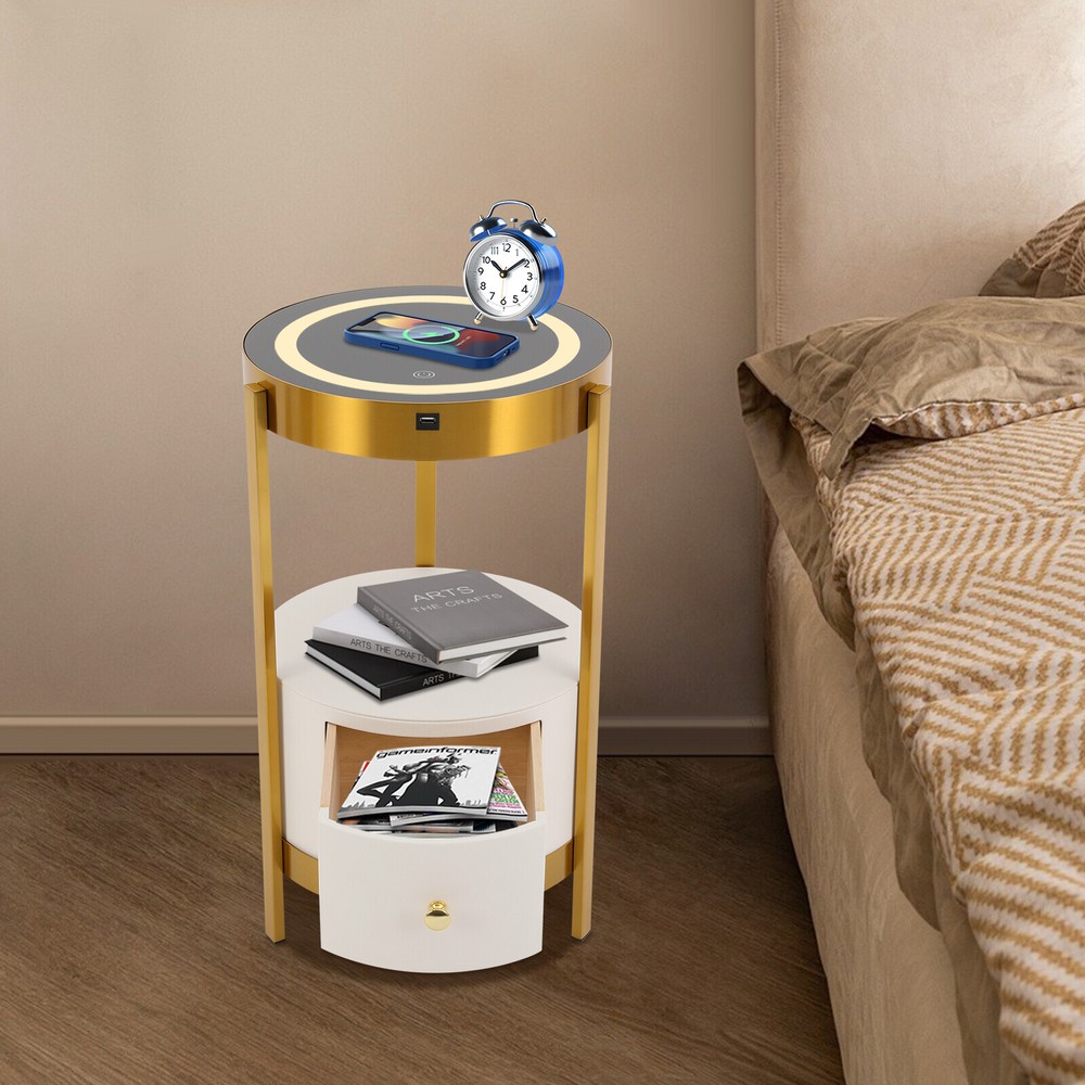 LED Nightstand Bedside Table with Drawers USB & Charging Station End Side Table