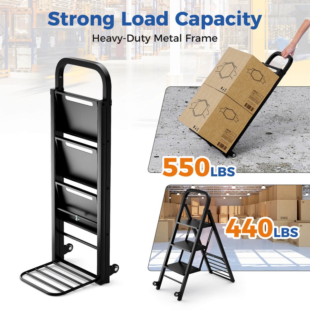 Multi-functional Dolly Cart Ladder 3-Step Ladder w/ Rubber Wheels, Handle