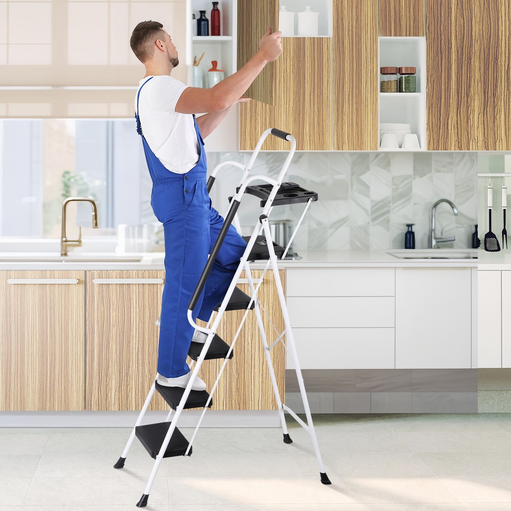 Folding 5 Step Ladder Sturdy Step Stool w/ Multi-Functional Tool Tray Household